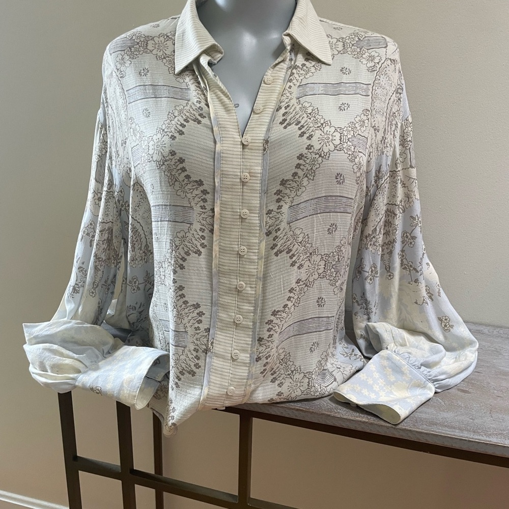 Free People Cream, Blue and Brown Print Button Down with Notched Collar